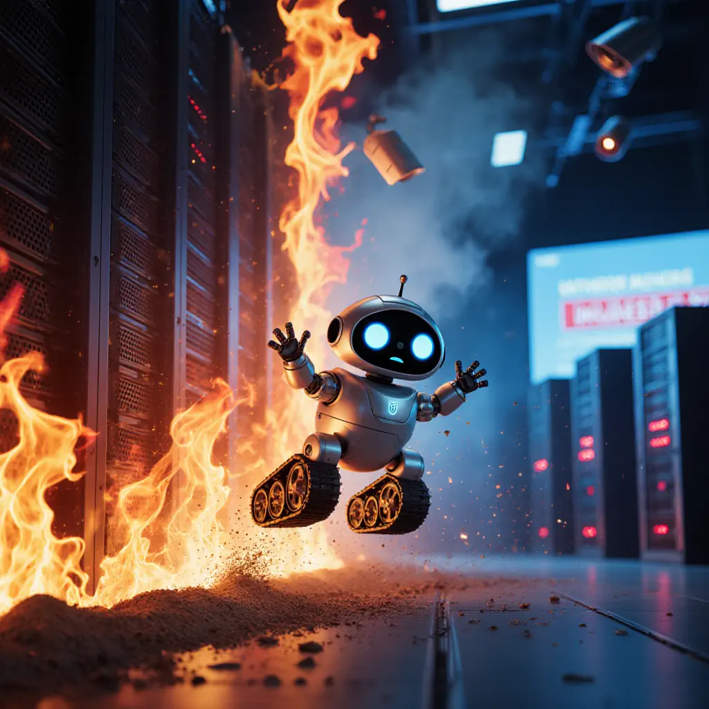 An AI-generated scene depicting a small robot bursting through a wall of flames. An AI-generated scene depicting a small robot bursting through a wall of flames.