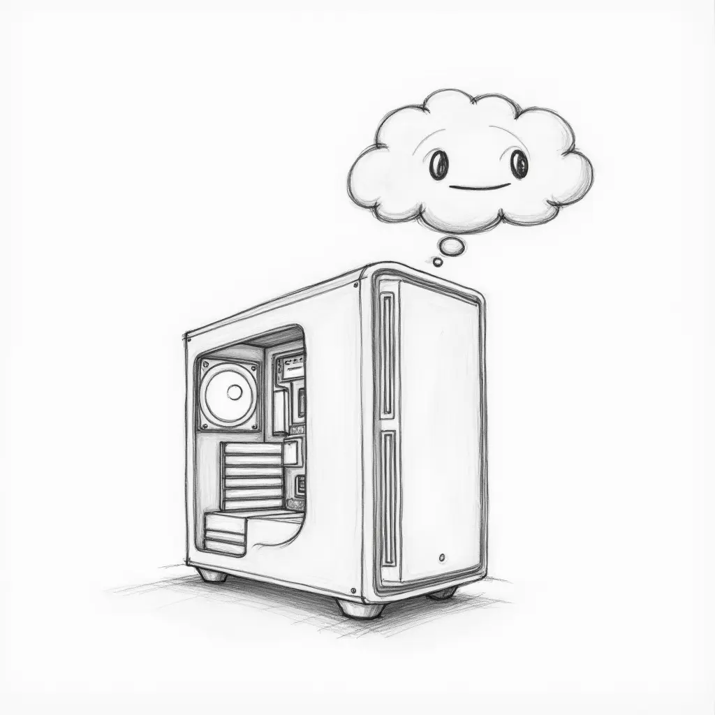 An AI-generated engineering sketch of a gaming PC running a local AI agent.