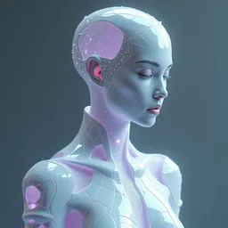 An AI generated image of a porcelain android with closed eyes and glowing violet panels.