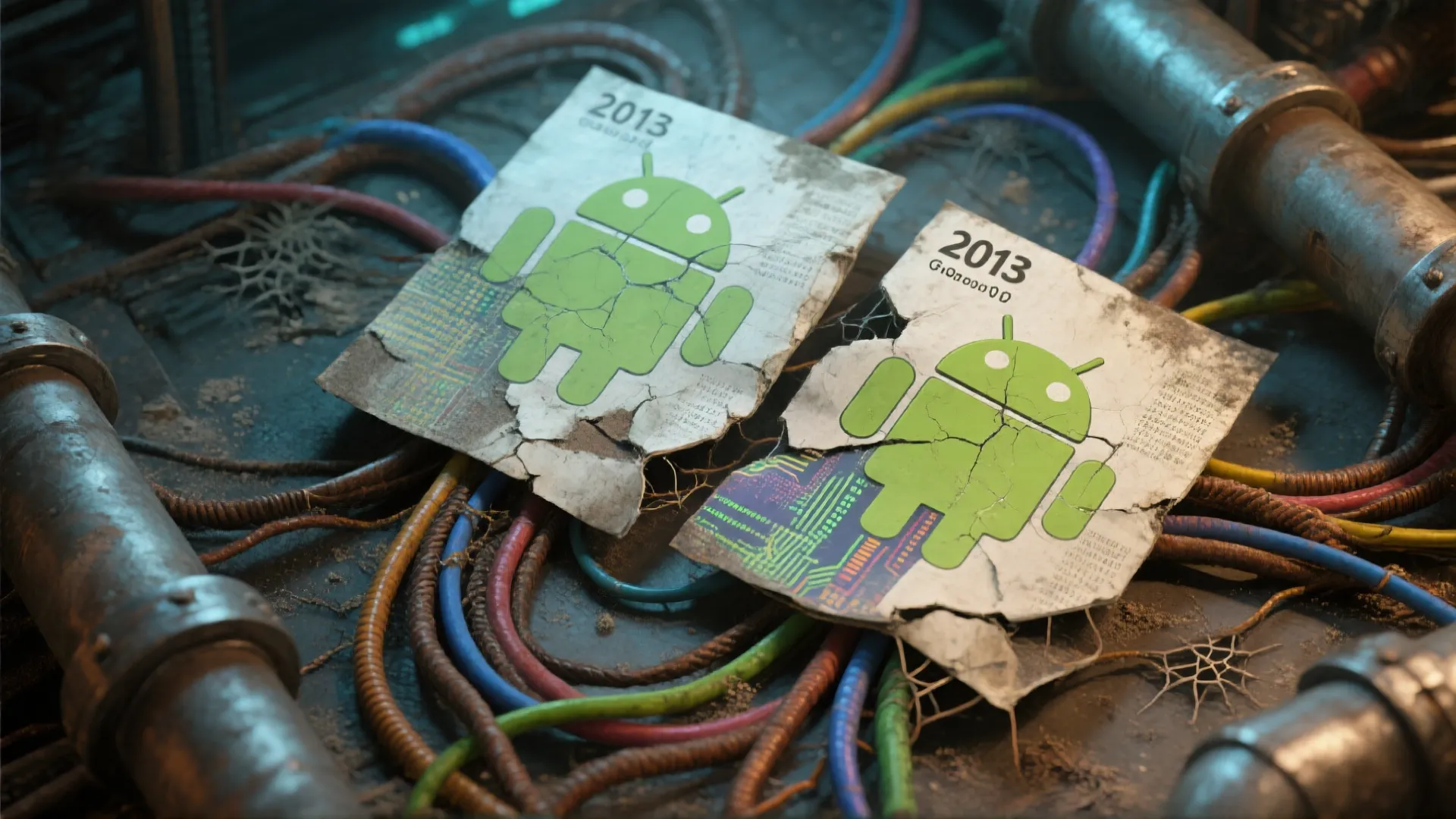 An AI generated image of two weathered, torn 2013 Android posters lying among cables and pipes. An AI generated image of two weathered, torn 2013 Android posters lying among cables and pipes.