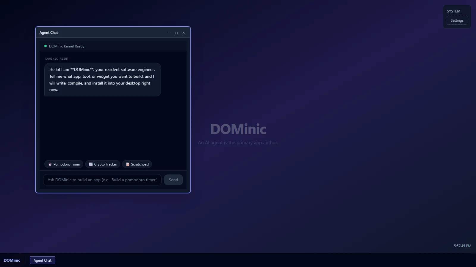 The DOMinic agentic browser OS desktop running in a browser tab with a taskbar and the default agent chat window. The DOMinic agentic browser OS desktop running in a browser tab with a taskbar and the default agent chat window.